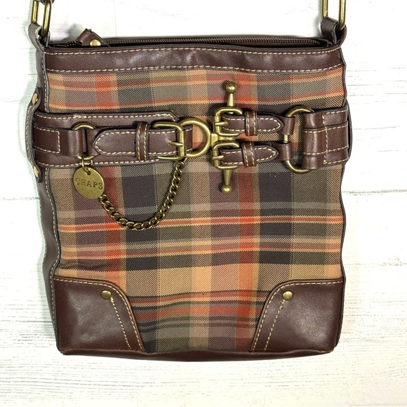 NEW Chaps Brown Plaid Crossbody Purse Buckle Details Preppy Academia - Picture 1 of 11